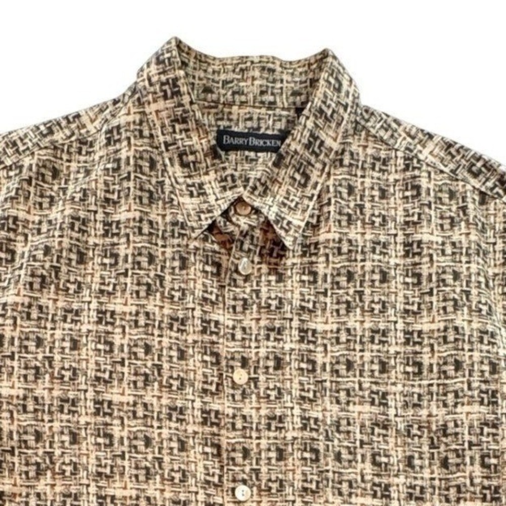 Barry Bricken Silk Tencel Shirt Mens XL Geometric Print Short Sleeve Button Down
